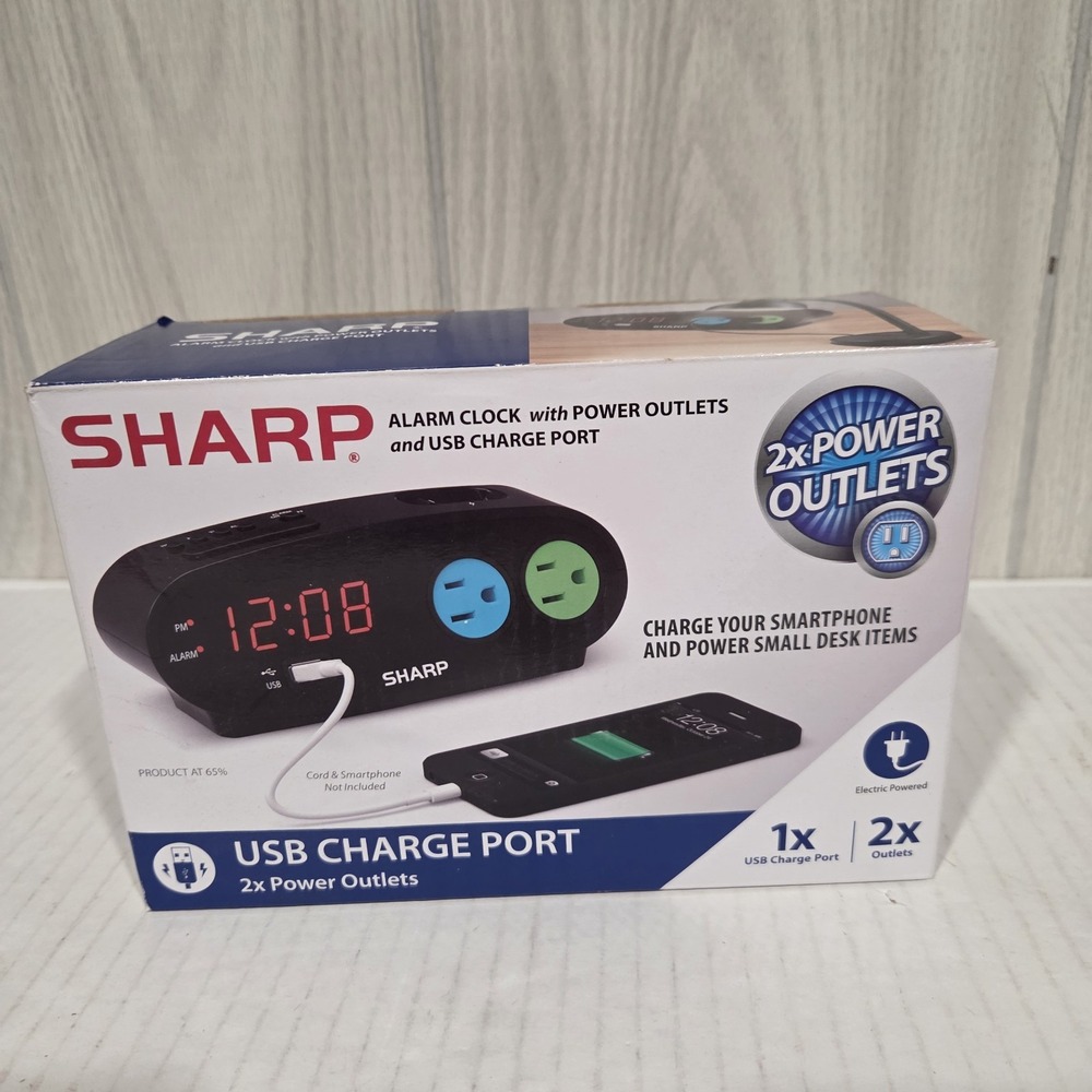 SHARP LED Digital Alarm Clock, 2 AMP fast Charge USB Ports & 2 AC Power Outlets